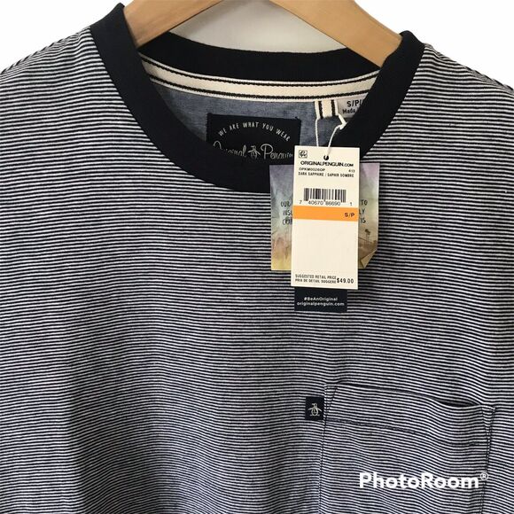 Original Penguin Mens Slub Navy Striped Pocket T-Shirt Sz Small 100% Cotton $49 - Picture 3 of 5